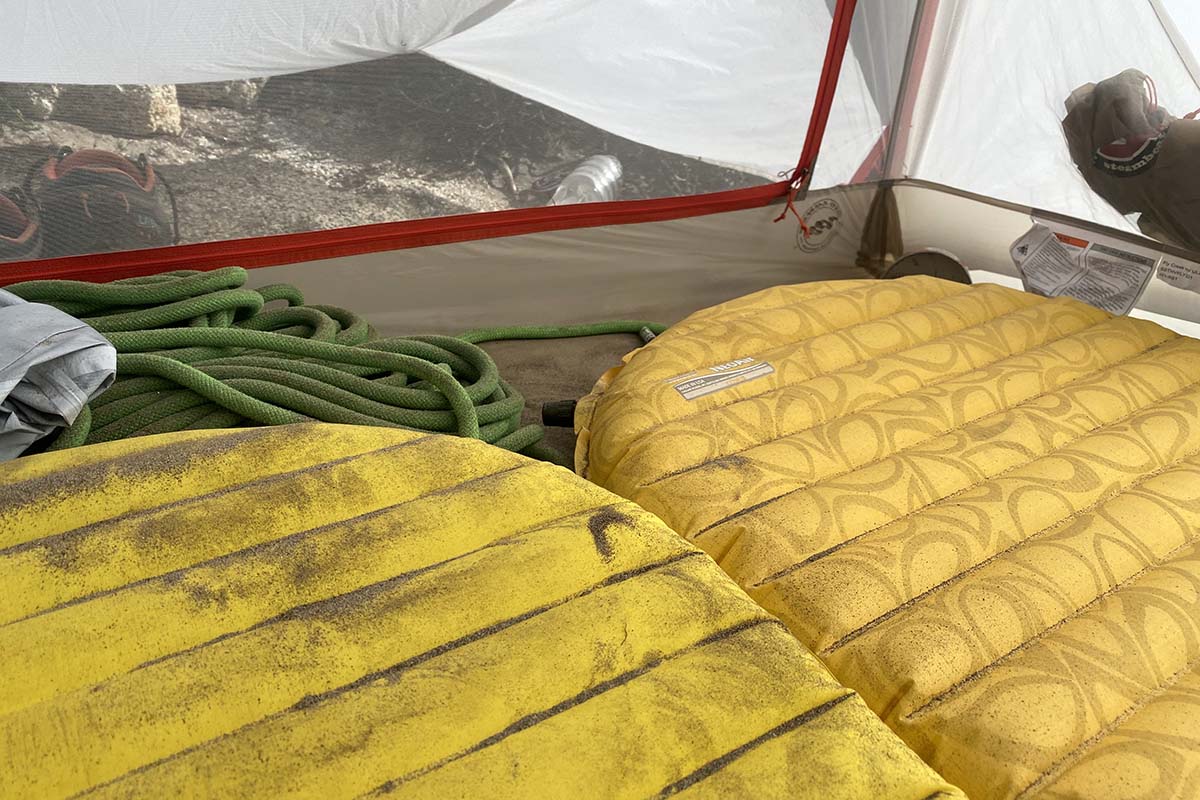 Dirt inside tent on sleeping pads (Big Agnes Fly Creek HV UL2 Solution Dye backpacking tent)